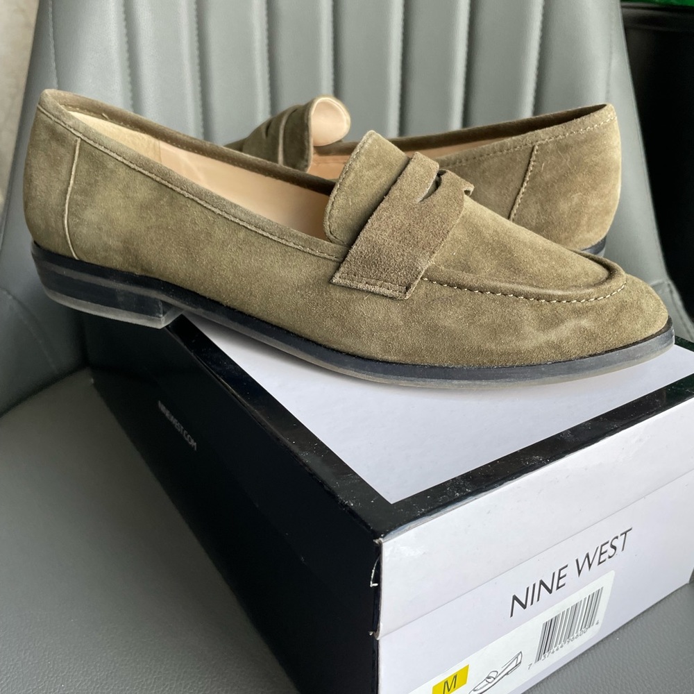 Olive green loafers.